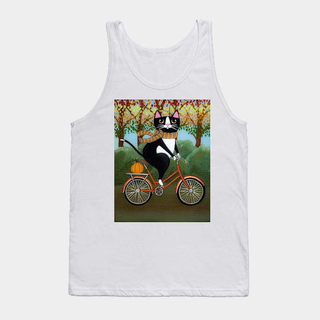 Tuxedo Cat Autumn Bicycle Ride Tank Top by KilkennyCat Art